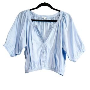 Aerie Puff Sleeve Pullover Split Neck Peasant Cropped Top Blue Size M